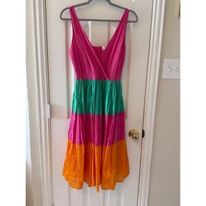 MIRA Color Block V Neck Sleeveless Midi Dress Women's Size S Pink Teal Orange